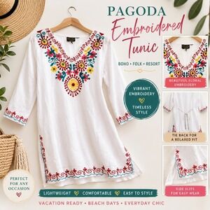 Vintage Style Pagoda Embroidered Peasant Tunic White Boho Folk Hippie Top M